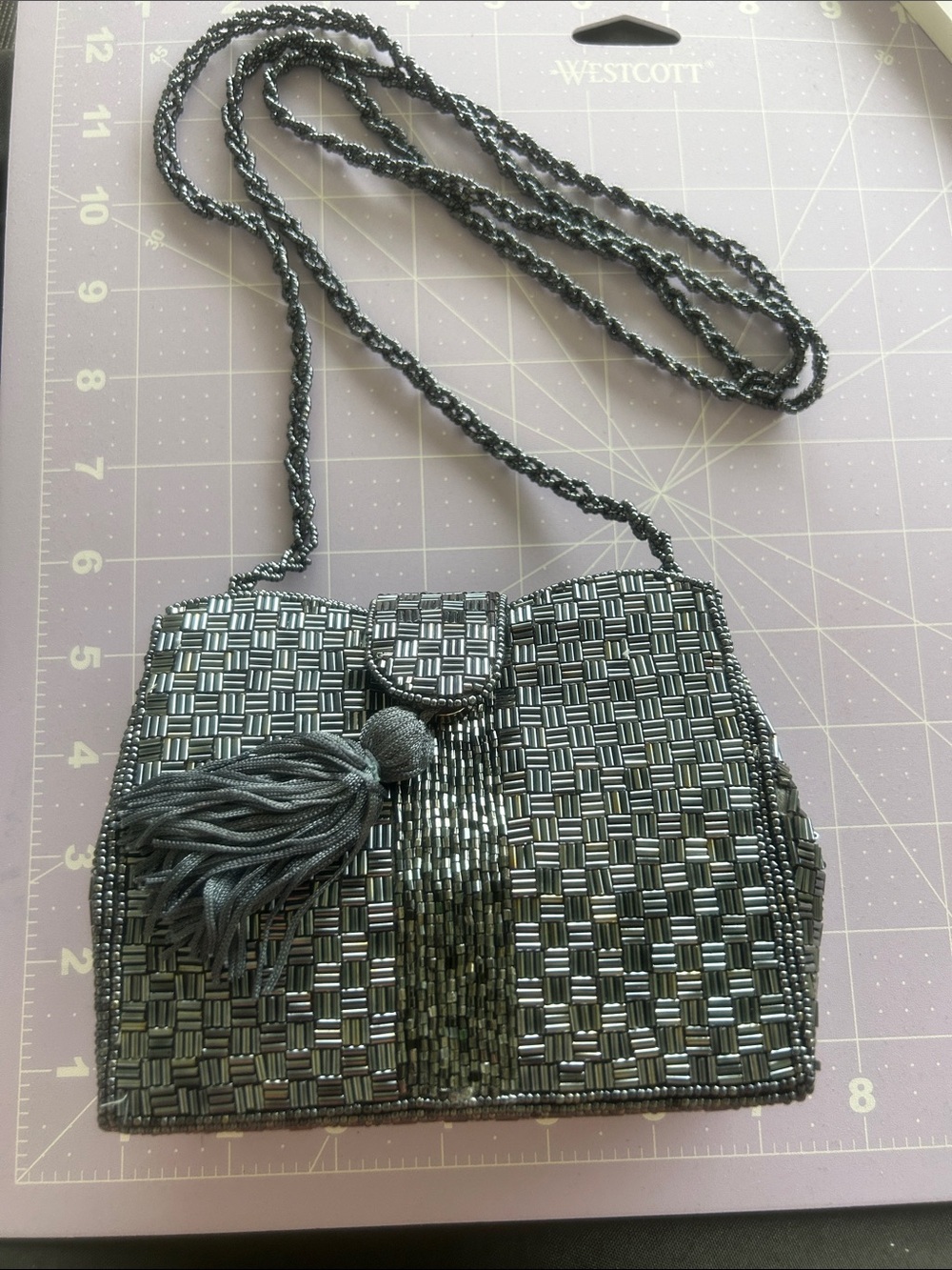 Blueish grey Beaded Tassel Evening Clutch